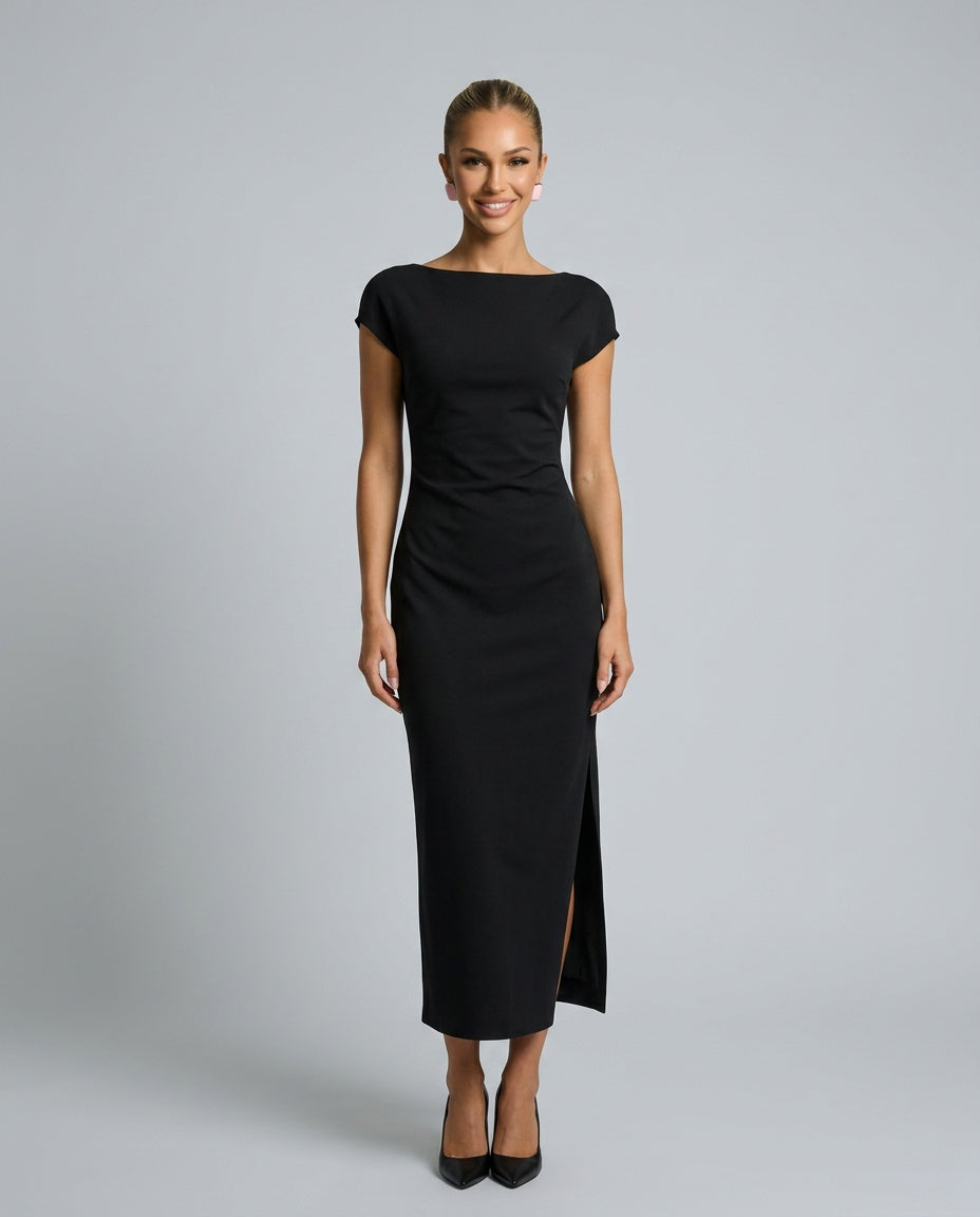 Liorella | Women's Denim High-Waist Short Sleeve Boat Neck Fitted Midi Dress — Black