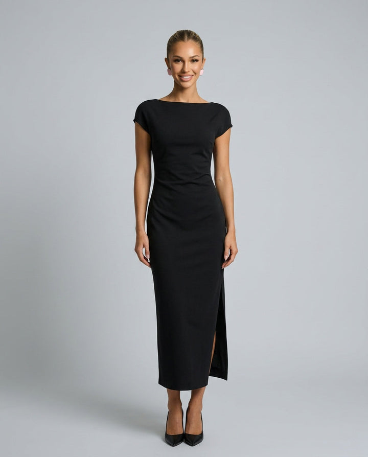 Liorella | Women's Denim High-Waist Short Sleeve Boat Neck Fitted Midi Dress — Black