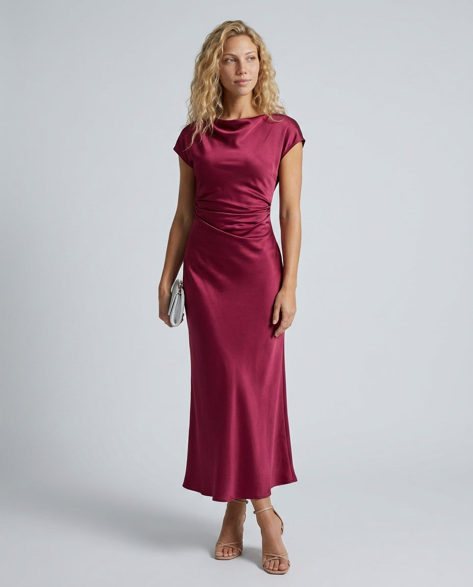 Liorella | Women's Denim High-Waist Short Sleeve Boat Neck Fitted Midi Dress — Burgundy