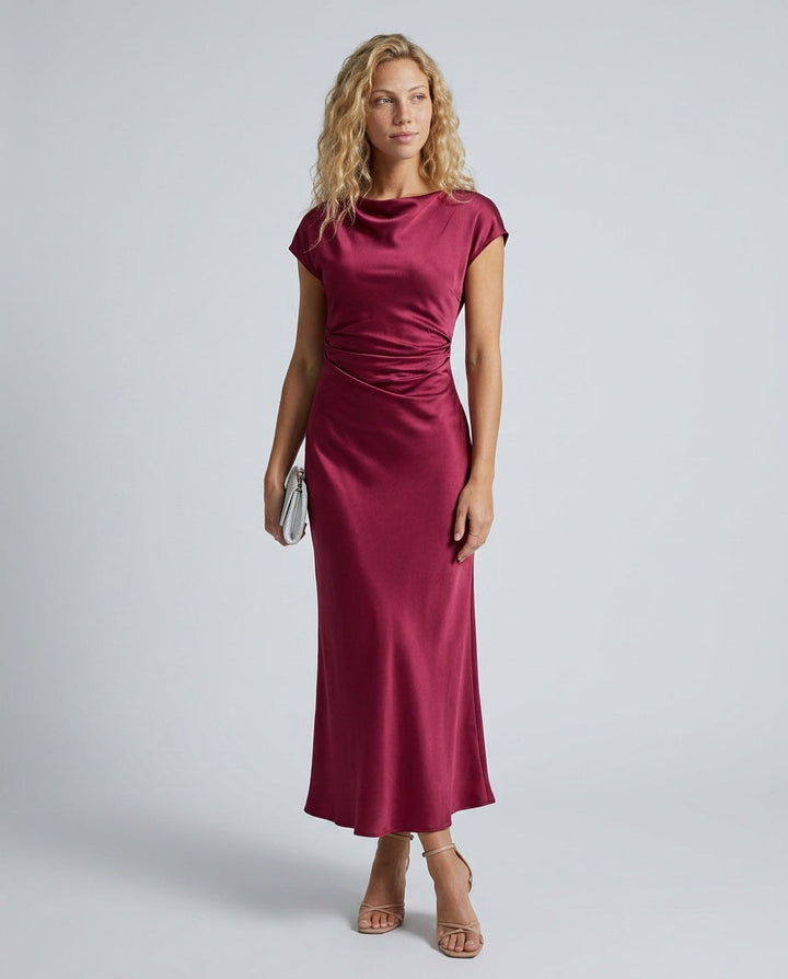 Liorella | Women's Denim High-Waist Short Sleeve Boat Neck Fitted Midi Dress — Burgundy