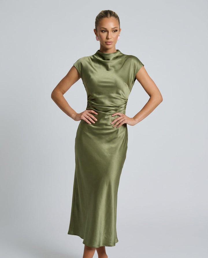Liorella | Women's Denim High-Waist Short Sleeve Boat Neck Fitted Midi Dress — Green