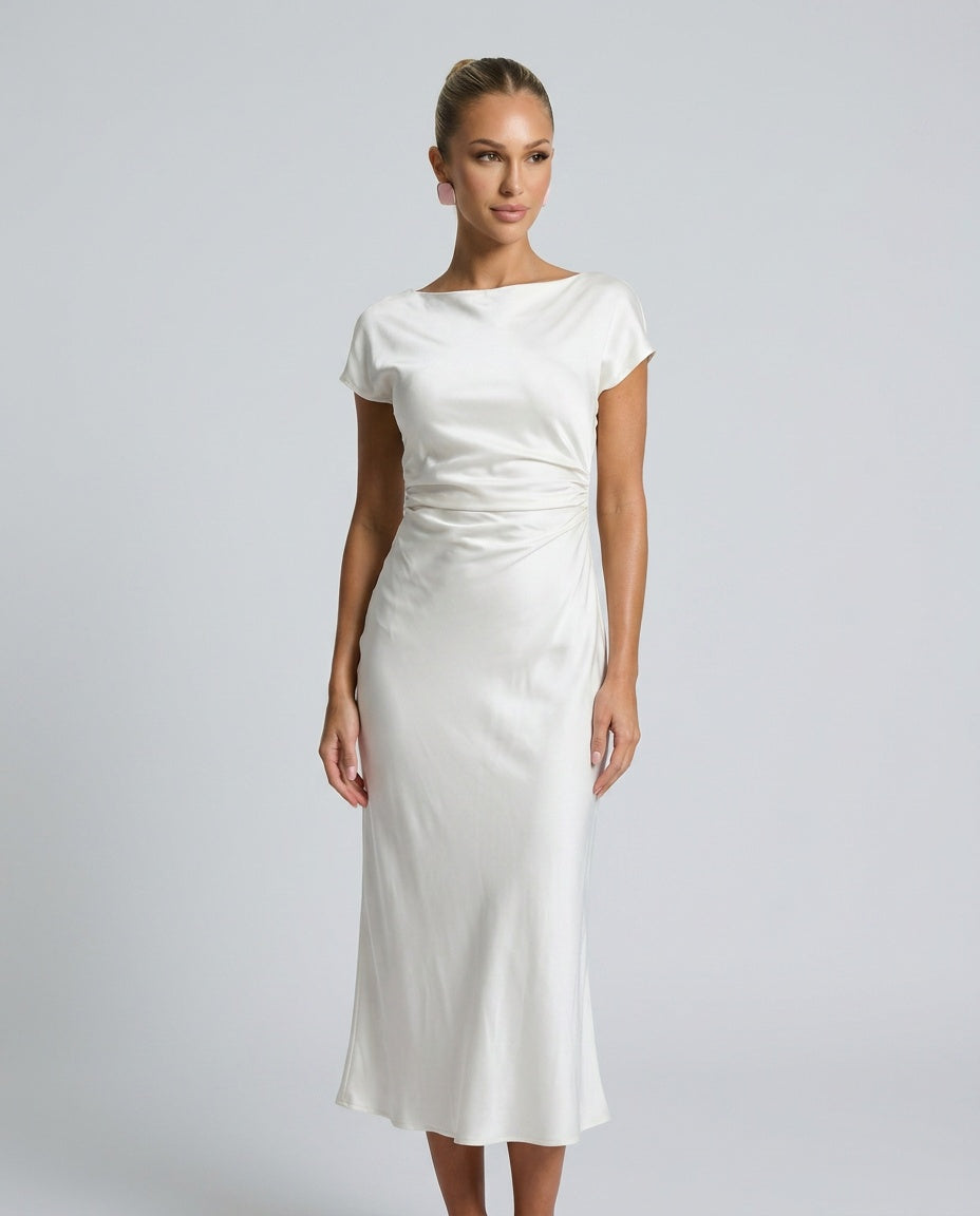 Liorella | Women's Denim High-Waist Short Sleeve Boat Neck Fitted Midi Dress — White