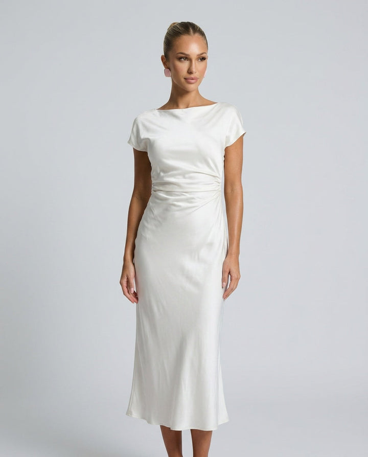Liorella | Women's Denim High-Waist Short Sleeve Boat Neck Fitted Midi Dress — White