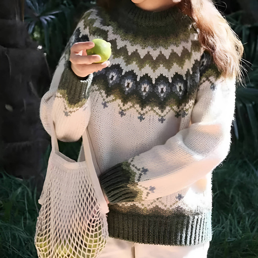 Lisetteita | Women's Cozy Comfortable Fair Isle Knit Sweater — Green