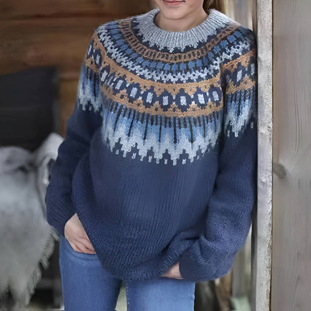 Lisetteita | Women's Cozy Comfortable Fair Isle Knit Sweater — Navy Blue