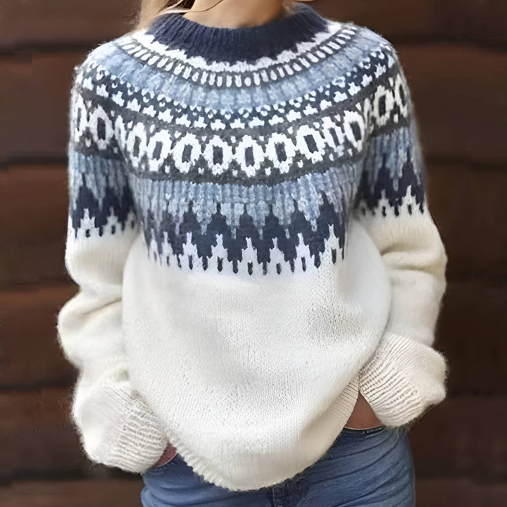 Lisetteita | Women's Cozy Comfortable Fair Isle Knit Sweater — White