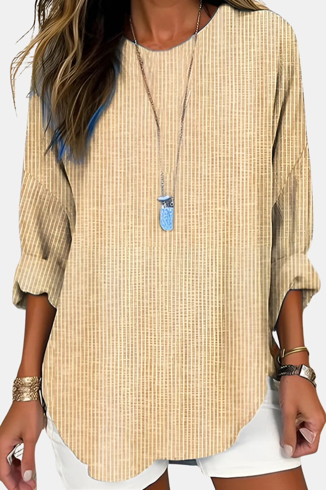 Lisetteoura | Women's Linen Casual Striped Long Sleeve Blouse with Round Neck — 2