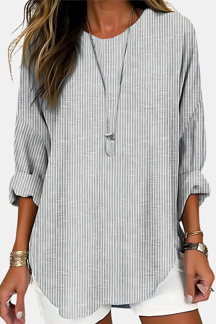 Lisetteoura | Women's Linen Casual Striped Long Sleeve Blouse with Round Neck — Gray