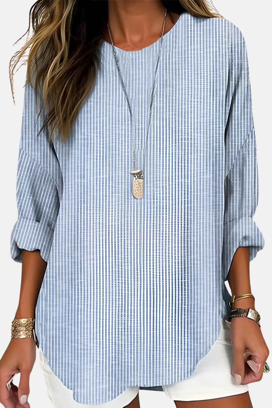 Lisetteoura | Women's Linen Casual Striped Long Sleeve Blouse with Round Neck — Light Blue