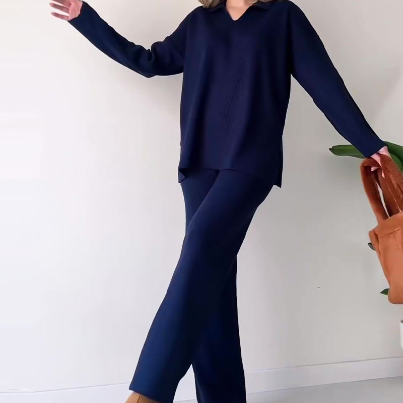 Lisettevia | Women's Cozy Side Slit Ribbed Knit Lounge Set Sweaters — Black