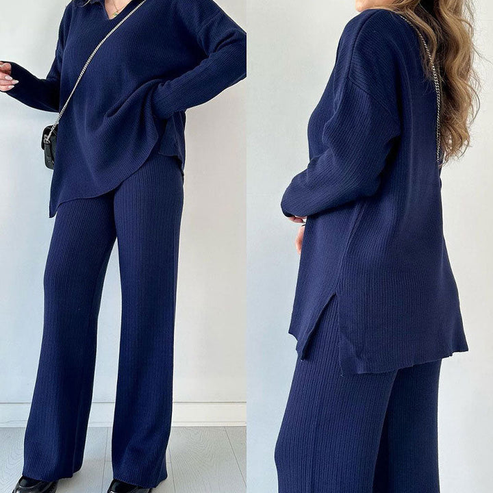 Lisettevia | Women's Cozy Side Slit Ribbed Knit Lounge Set Sweaters — Blue