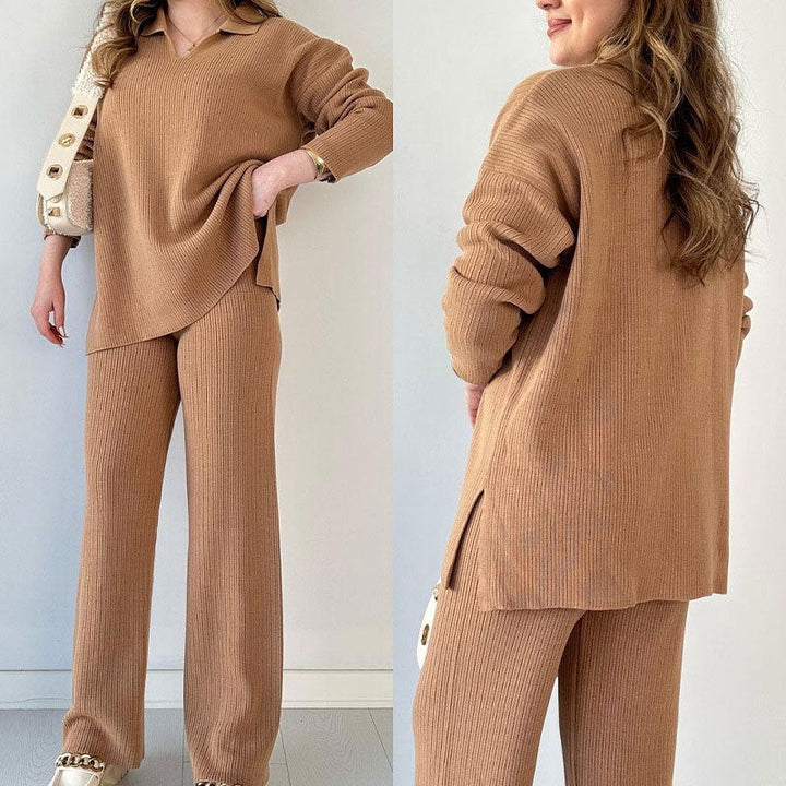 Lisettevia | Women's Cozy Side Slit Ribbed Knit Lounge Set Sweaters — Camel