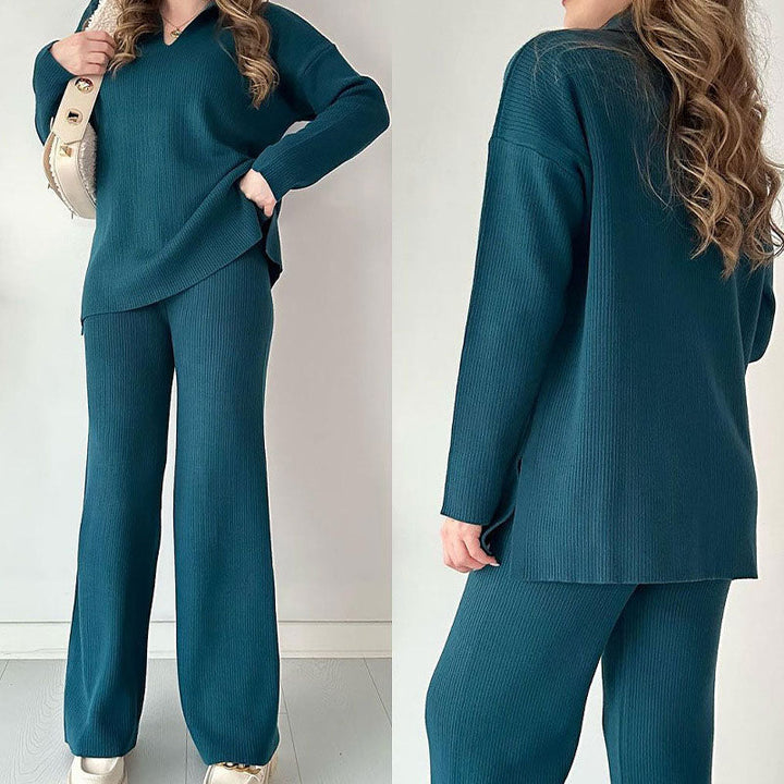 Lisettevia | Women's Cozy Side Slit Ribbed Knit Lounge Set Sweaters — Green