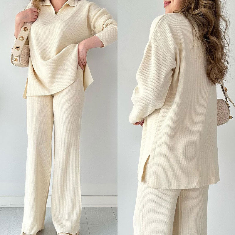 Lisettevia | Women's Cozy Side Slit Ribbed Knit Lounge Set Sweaters — White