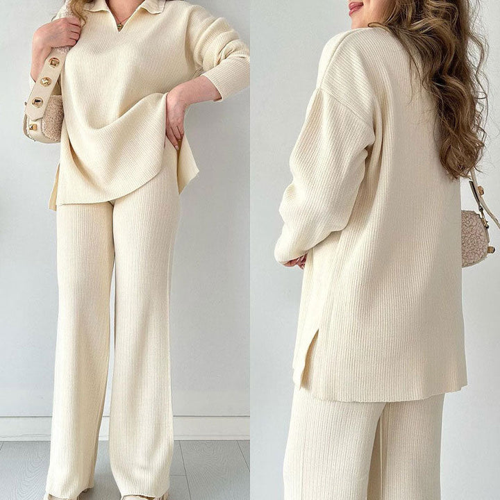 Lisettevia | Women's Cozy Side Slit Ribbed Knit Lounge Set Sweaters — White