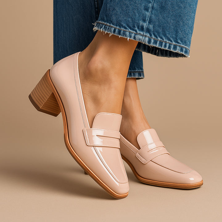 Lisettewen | Women's Orthopedic Comfort Slip-On Block Heel Penny Loafers with Polished Finish — Pink