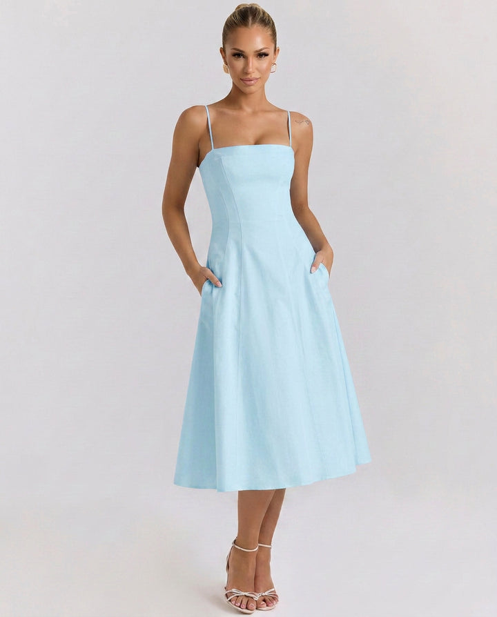 Livlyn | Women's Wedding Guest Elegant A-Line Midi Sundress with Pockets Dresses — Blue