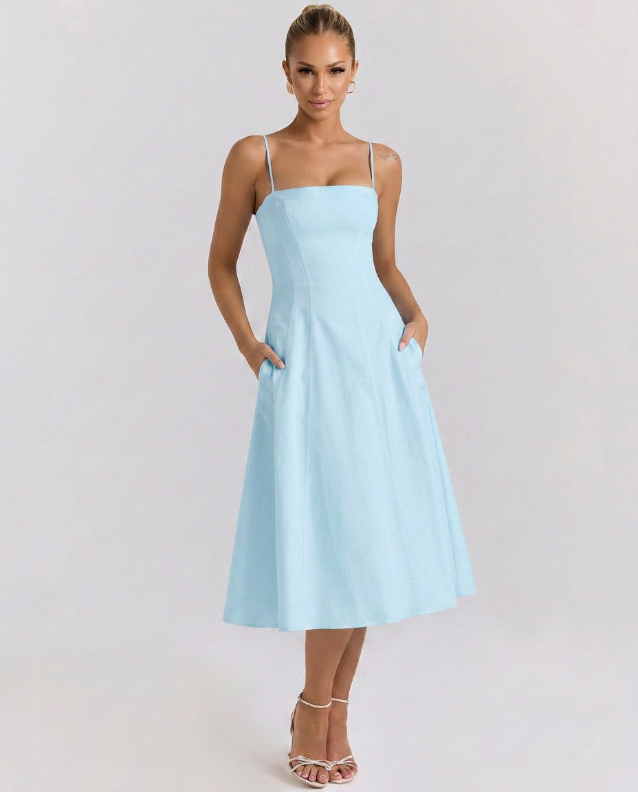Livlyn | Women's Wedding Guest Elegant A-Line Midi Sundress with Pockets Dresses — 1