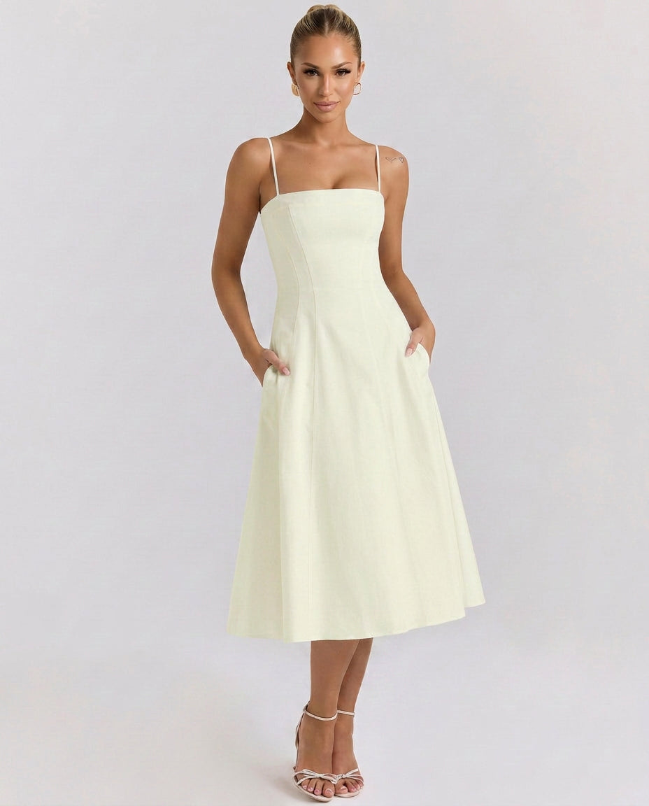 Livlyn | Women's Wedding Guest Elegant A-Line Midi Sundress with Pockets Dresses — Yellow