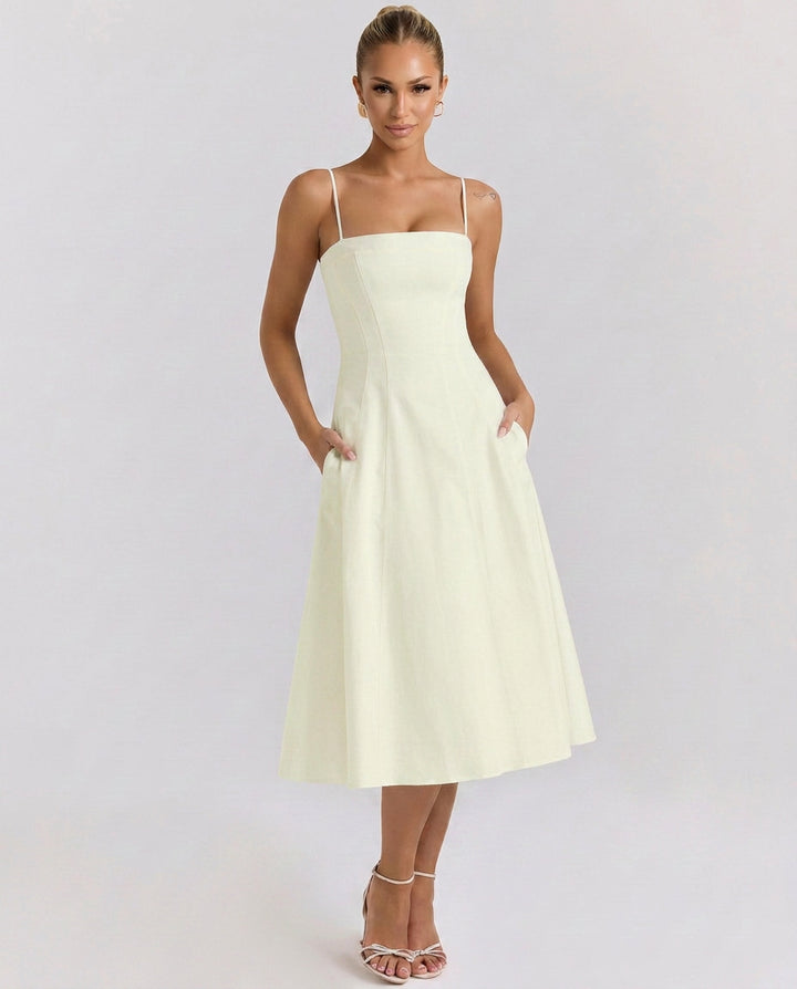 Livlyn | Women's Wedding Guest Elegant A-Line Midi Sundress with Pockets Dresses — Yellow