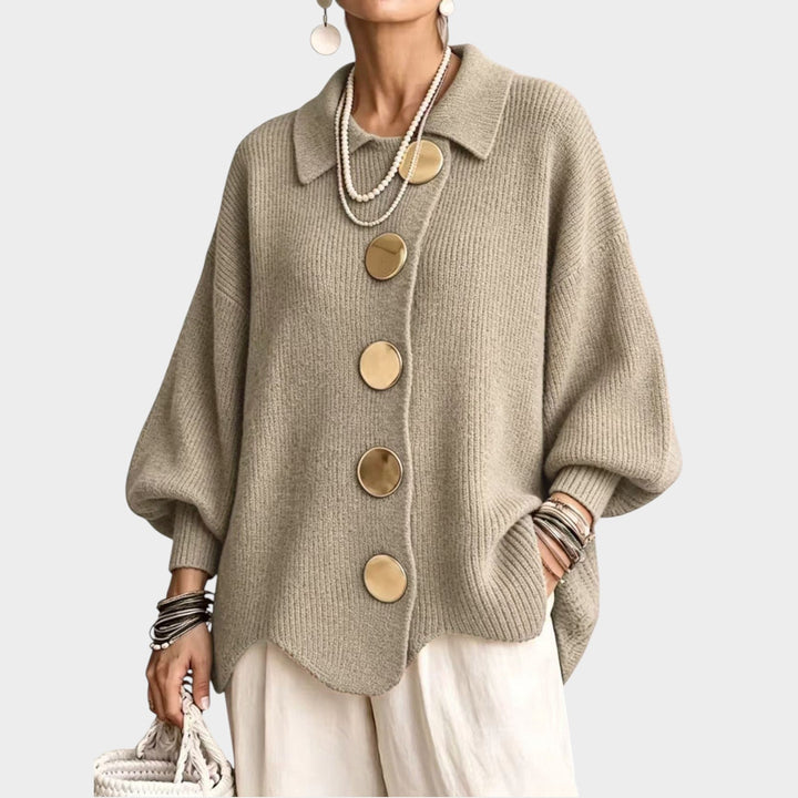 Lumilyn | Women's Cozy Knit Cardigan Gold Button Oversized — Beige