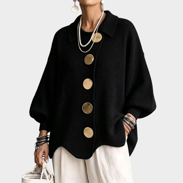 Lumilyn | Women's Cozy Knit Cardigan Gold Button Oversized — Black
