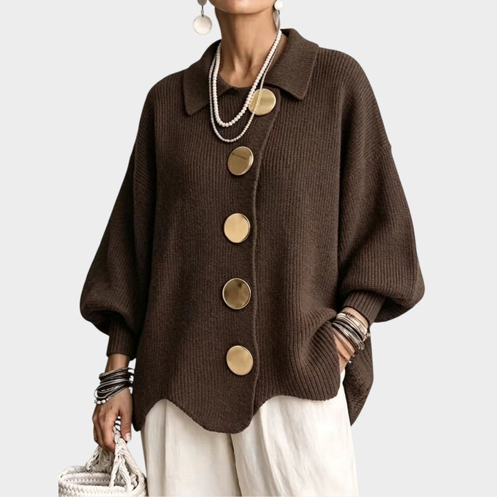 Lumilyn | Women's Cozy Knit Cardigan Gold Button Oversized — Brown