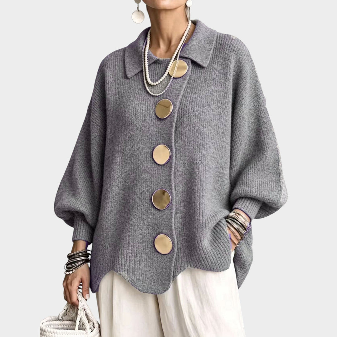 Lumilyn | Women's Cozy Knit Cardigan Gold Button Oversized — Gray