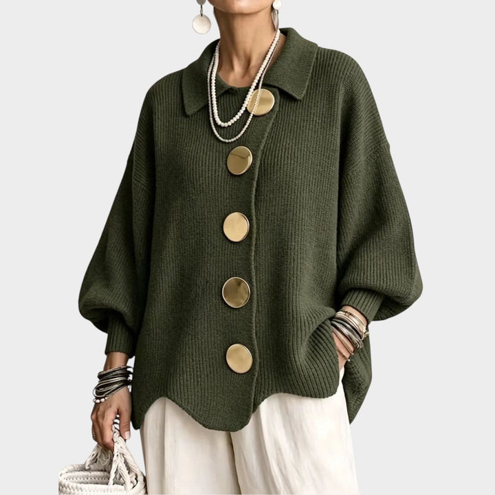 Lumilyn | Women's Cozy Knit Cardigan Gold Button Oversized — Green