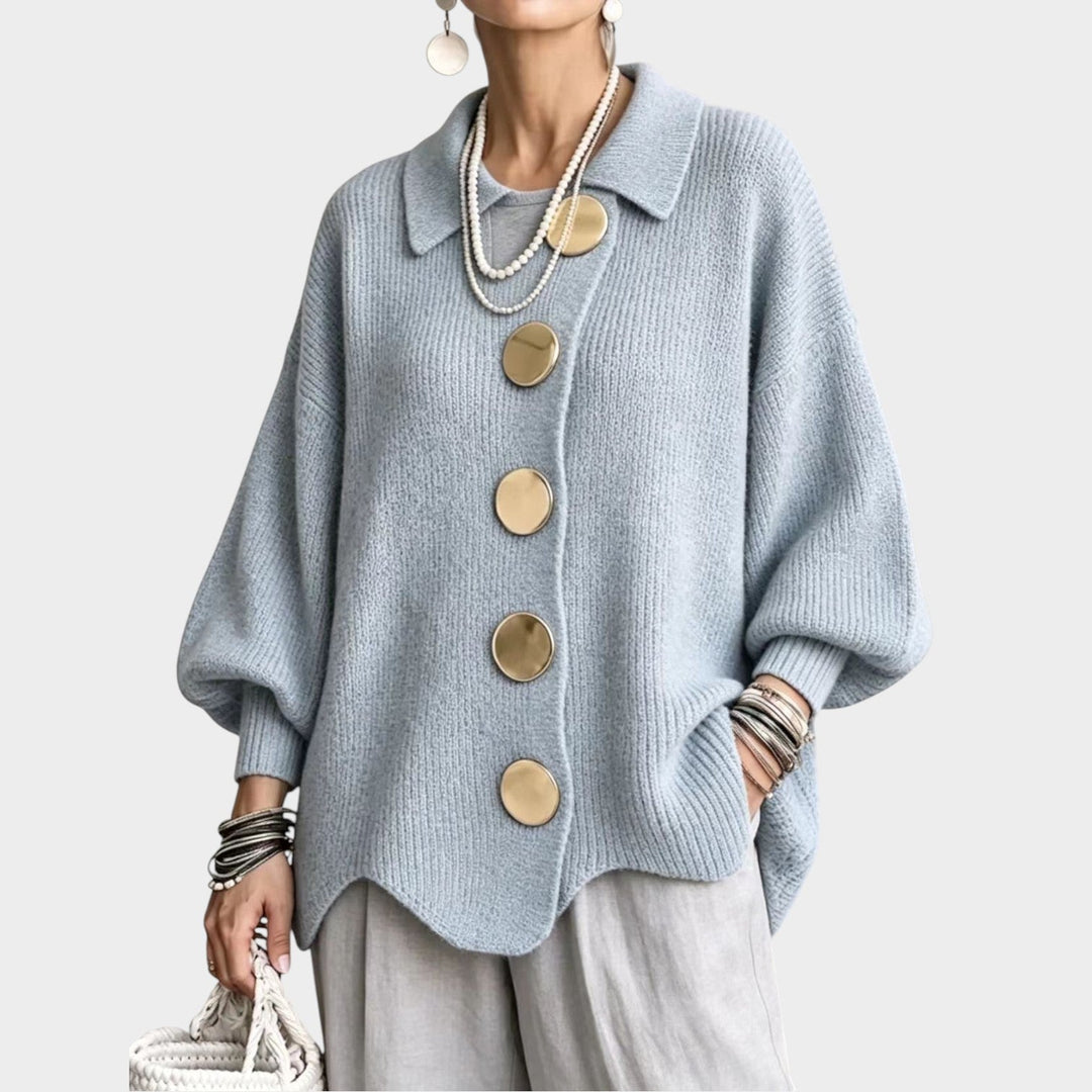 Lumilyn | Women's Cozy Knit Cardigan Gold Button Oversized — Light Blue