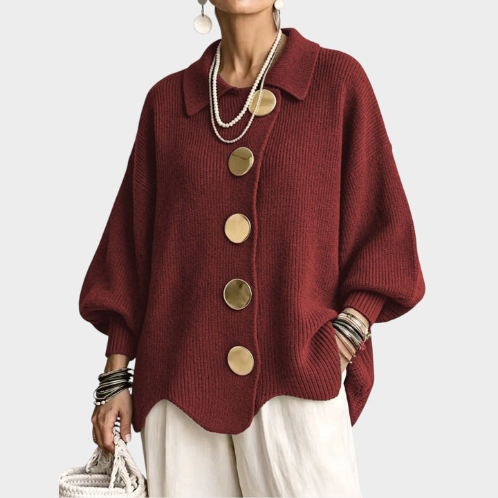 Lumilyn | Women's Cozy Knit Cardigan Gold Button Oversized — Red