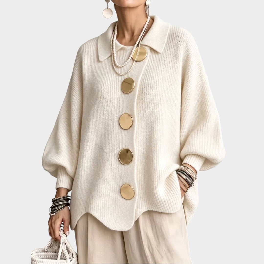 Lumilyn | Women's Cozy Knit Cardigan Gold Button Oversized — White