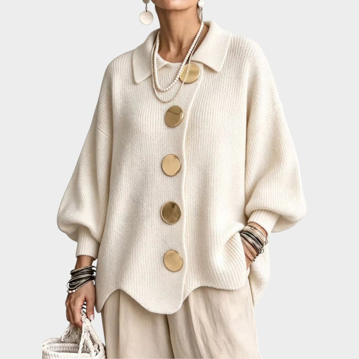 Lumilyn | Women's Cozy Knit Cardigan Gold Button Oversized — White