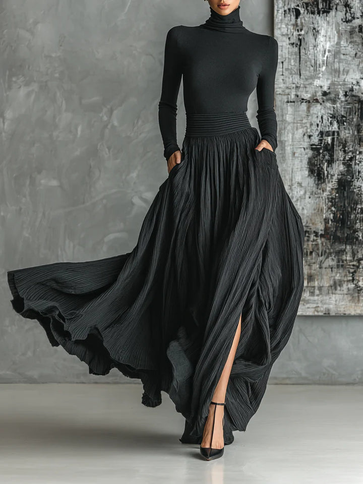 Lunwen | Women's Maxi High-Waist Turtleneck & Pleated Skirt Set — 1