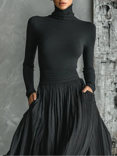 Lunwen | Women's Maxi High-Waist Turtleneck & Pleated Skirt Set — 2