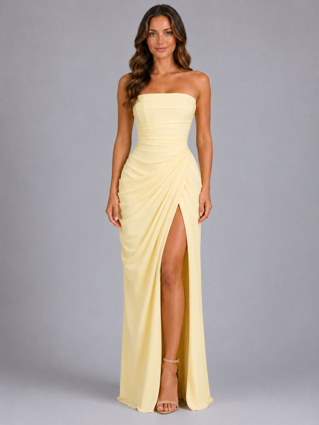 Lyraisse | Women's Elegant Strapless Draped Wedding Guest Maxi Dress Dresses — Yellow