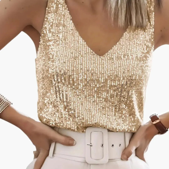 Maecine | Women's Casual Stretch Sequin V-Neck Party Camisole Tank Top — Beige