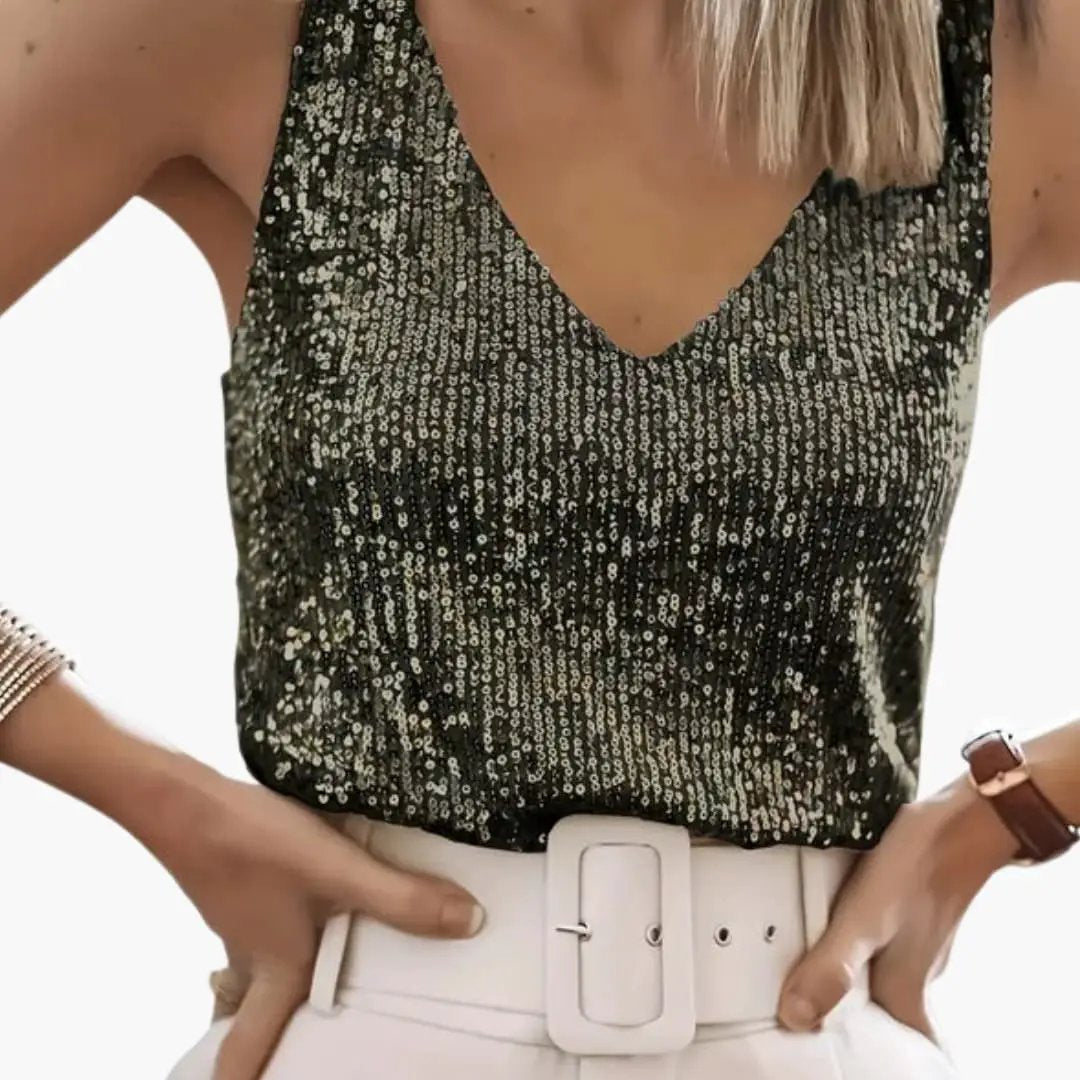 Maecine | Women's Casual Stretch Sequin V-Neck Party Camisole Tank Top — Black Gold