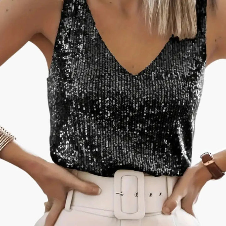 Maecine | Women's Casual Stretch Sequin V-Neck Party Camisole Tank Top — Black