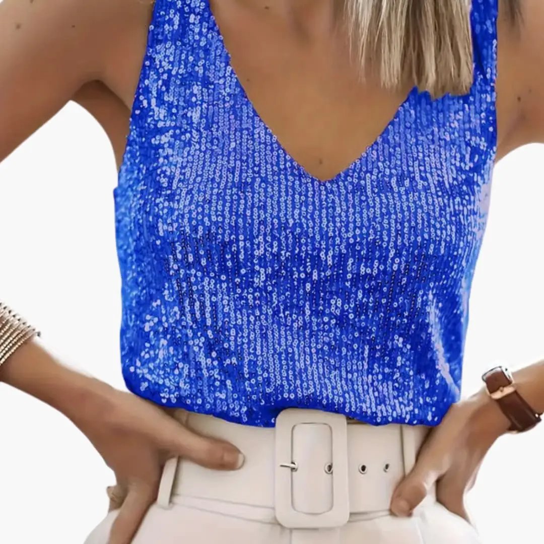 Maecine | Women's Casual Stretch Sequin V-Neck Party Camisole Tank Top — Blue
