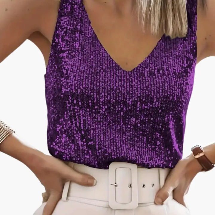 Maecine | Women's Casual Stretch Sequin V-Neck Party Camisole Tank Top — Purple