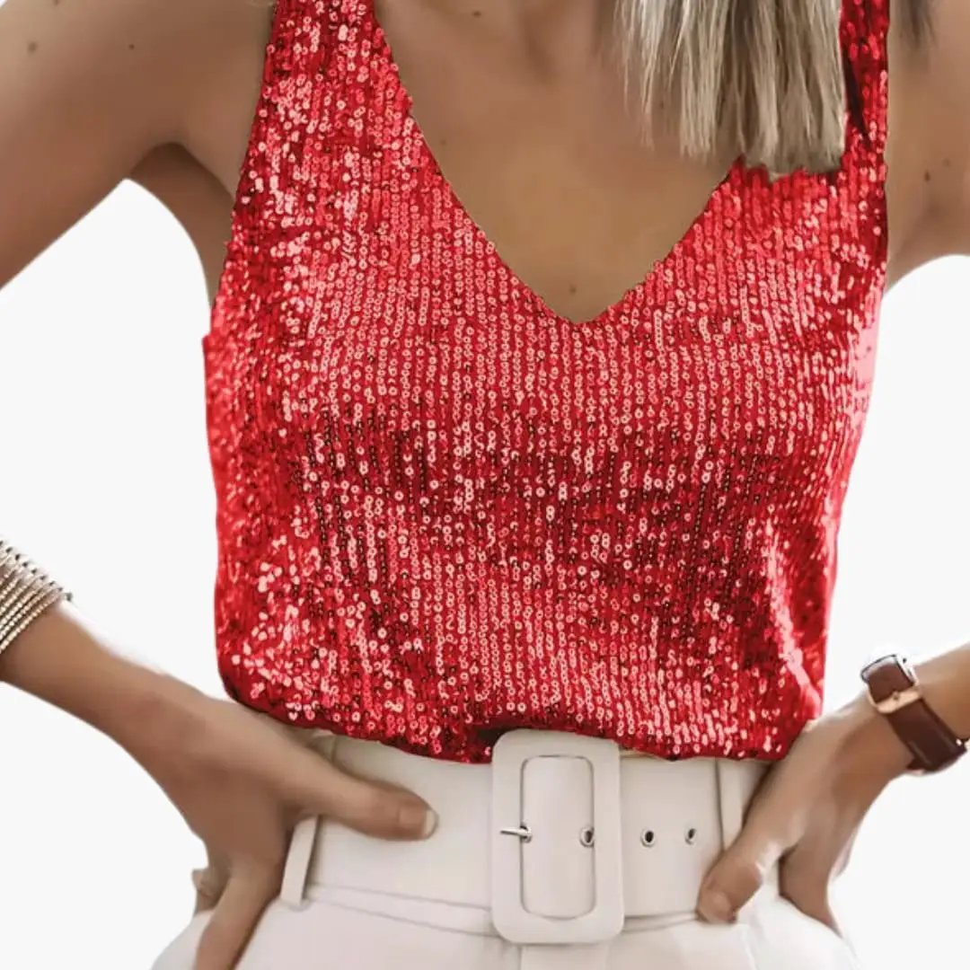 Maecine | Women's Casual Stretch Sequin V-Neck Party Camisole Tank Top — Red