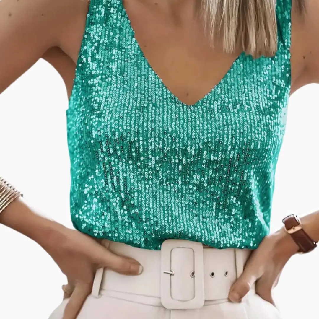Maecine | Women's Casual Stretch Sequin V-Neck Party Camisole Tank Top — Teal Green