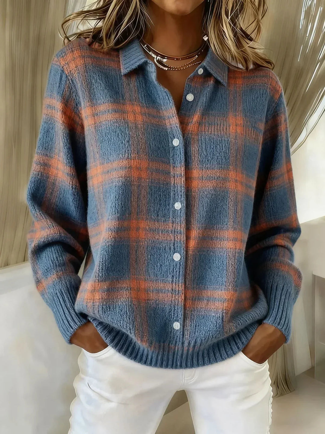 Maedessa | Women's Cozy Soft Knit Plaid Cardigan Sweaters — Blue / Orange