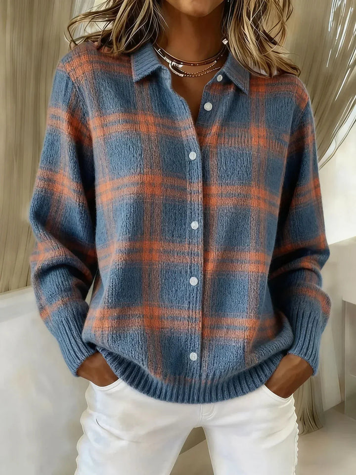 Maedessa | Women's Cozy Soft Knit Plaid Cardigan Sweaters — Blue / Orange