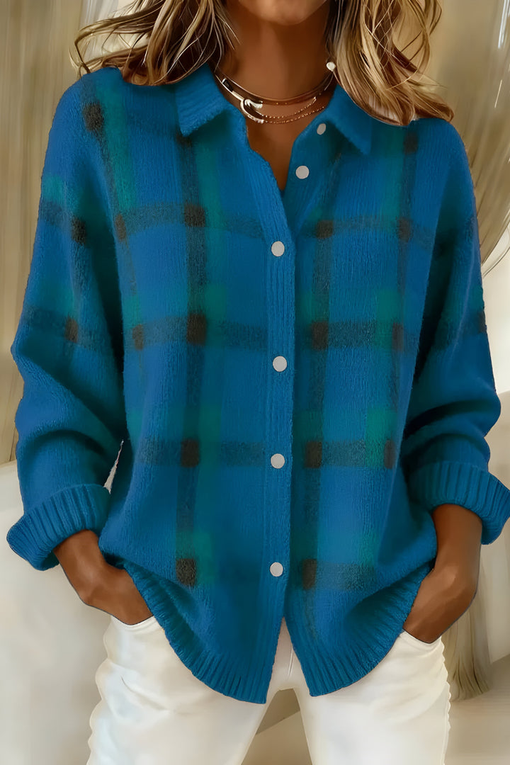 Maedessa | Women's Cozy Soft Knit Plaid Cardigan Sweaters — Blue