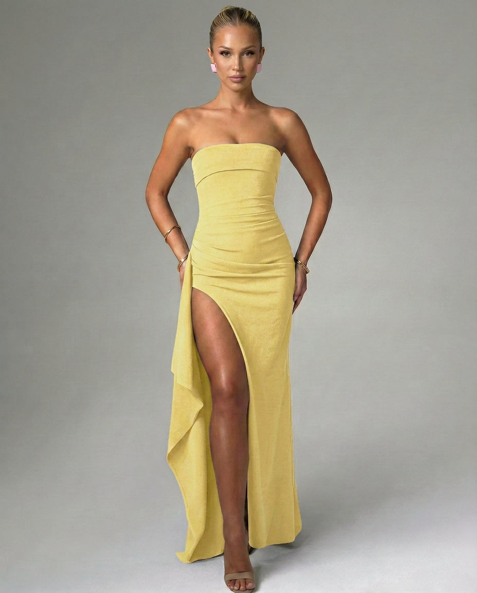 Maelia | Women's Wedding Guest Elegant Strapless Maxi Dress with Ruched Detail and Split Dresses — Yellow