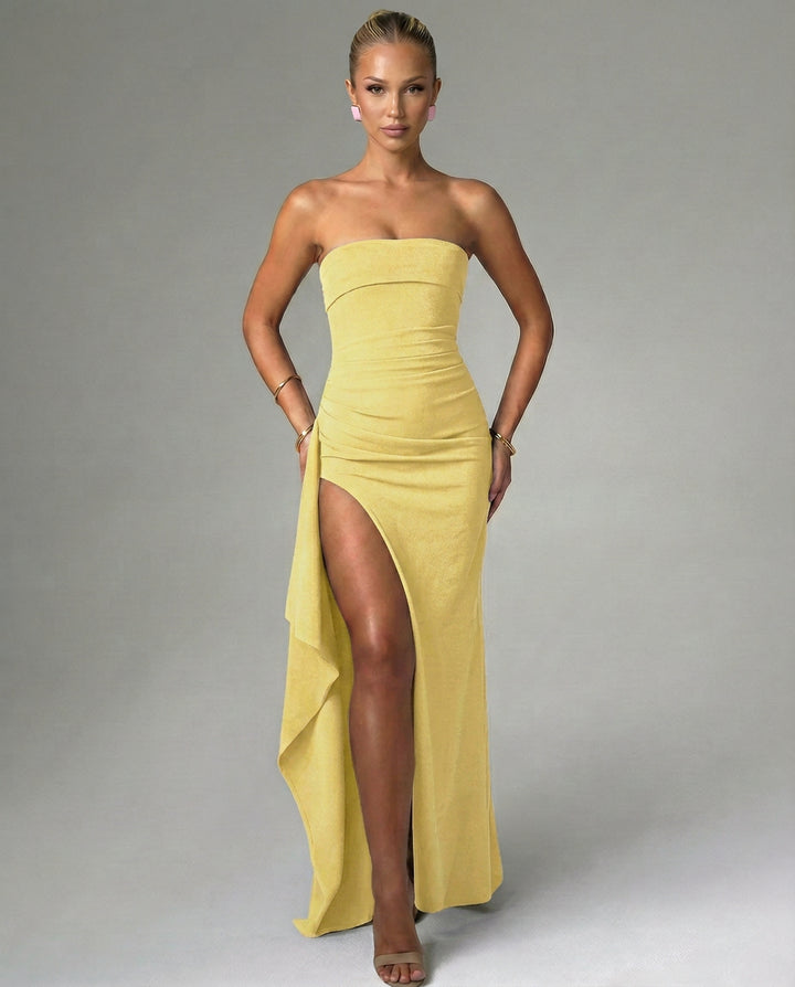 Maelia | Women's Wedding Guest Elegant Strapless Maxi Dress with Ruched Detail and Split Dresses — Yellow