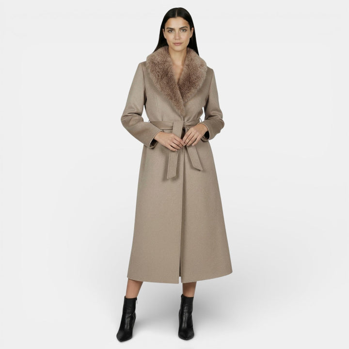 Maenia | Women's Casual Stretch Belted Overcoat with a Faux Fur Collar — Beige