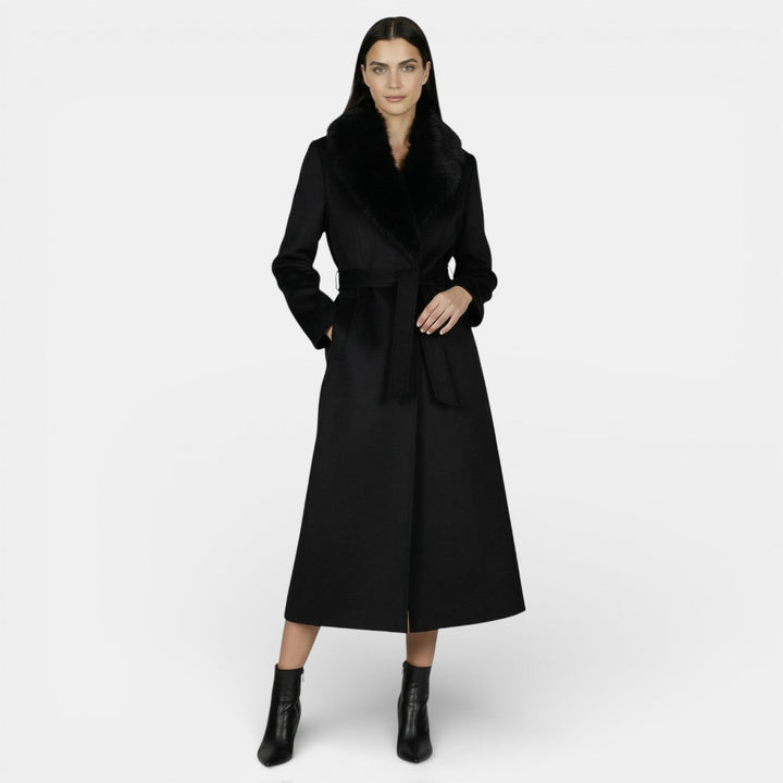 Maenia | Women's Casual Stretch Belted Overcoat with a Faux Fur Collar — 1